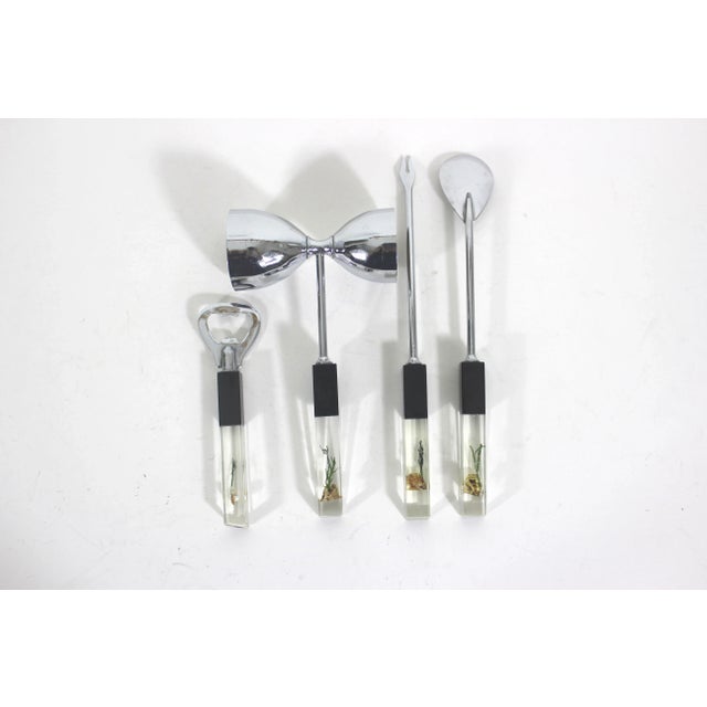 Metal Mid Century Lucite & Steel Chrome Bar Tool Set With Pearls Seaweed and Shells - 4 Pieces For Sale - Image 7 of 8