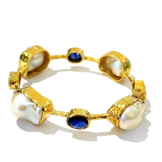 Bochic “Capri” Vintage Ruby, Blue Opal & South Sea Pearl Bangle in 18K Gold & Silver For Sale - Image 10 of 12