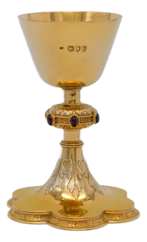 Gothic Revival Sterling Silver Gilt & Stone Set Chalice by Carl Krall, London, 1899