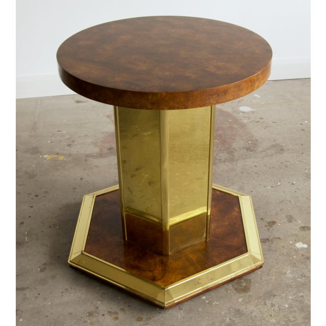 Henredon 6 Person Henredon Brass & Burl Wood Hexagonal Pedestal Dining Table With Glass Top, Mid-Century For Sale - Image 4 of 7