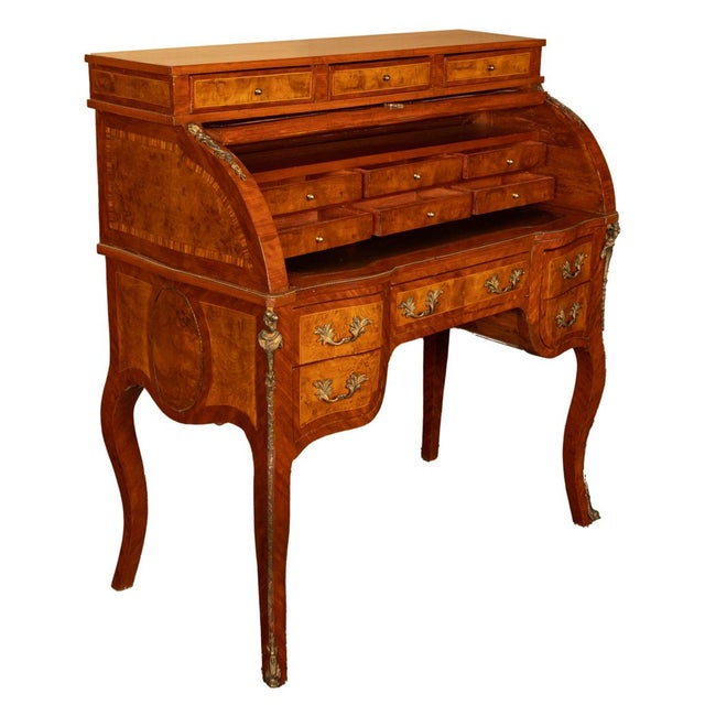 Antique French Louis XV Cylinder Marquetry & Ormolu Bureau Writing Desk 1880 For Sale - Image 12 of 17