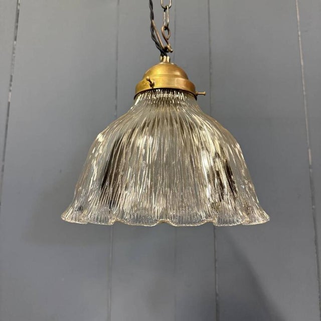 Asteroid Pressed Glass Holophane Pendant Lamp with Brass Fixture, 1920s For Sale - Image 11 of 18