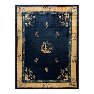 1900s Deep Navy Blue Open Field Chinoiserie Antique Chinese Peking Rug For Sale