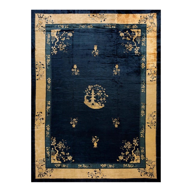 1900s Deep Navy Blue Open Field Chinoiserie Antique Chinese Peking Rug For Sale