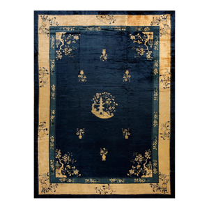 Special Aysimmetric Detail in a Chinoiserie Pattern a Navy Open Field Chinese Peking Rug