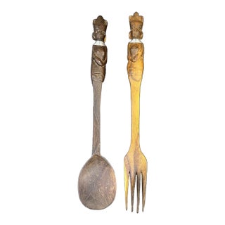Set of 2, 1930s Wood Carved Africa Spoon Ladle & Fork For Sale