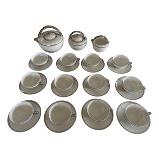 Belle Époque Porcelain Tea Service with Silver Trim by Charles Ahrenfeldt for Limoges, 1890s, Set of 27 For Sale