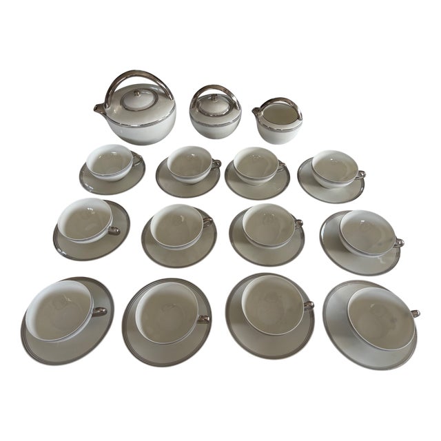 Belle Époque Porcelain Tea Service with Silver Trim by Charles Ahrenfeldt for Limoges, 1890s, Set of 27 For Sale