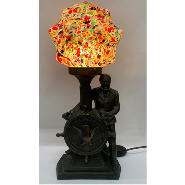 Vintage Navy Figural Table Lamp W/ Multi Color Arts and Crafts. Glass Shade. Switch on Cord.