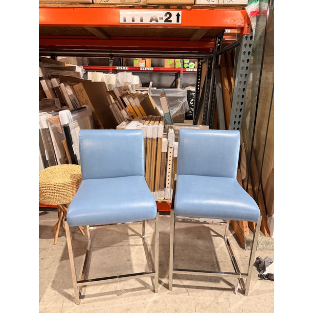 Early 21st Century Palecek Blue Leather Counter Stool With Stainless Steel Legs For Sale - Image 5 of 8