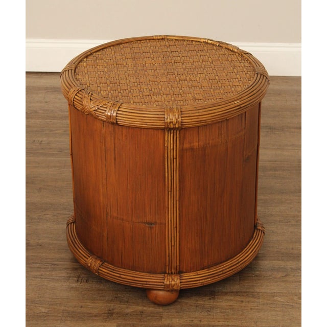 Bamboo and Rattan Circular Glass Top Drum Style Side Table For Sale - Image 12 of 12