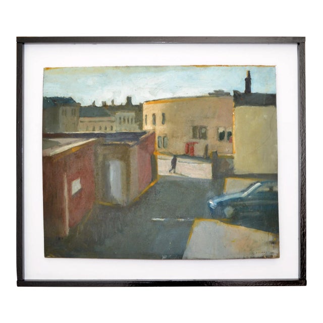 Cityscape Painting Acrylic on Board Black & White Framed Mid-Century Modern 70s For Sale