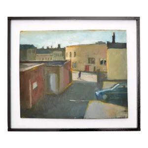 Cityscape Painting Acrylic on Board Black & White Framed Mid-Century Modern 70s