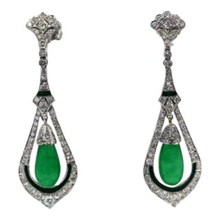 Jade Enamel Diamond Long Earrings - 2 Pieces For Sale