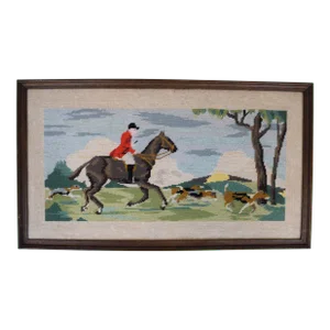 Mid 20th Century Hand-Needlepoint Fox-Hunter Framed Panel