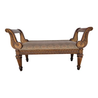 1980s French Style Carved Wood & Fabric Bench For Sale