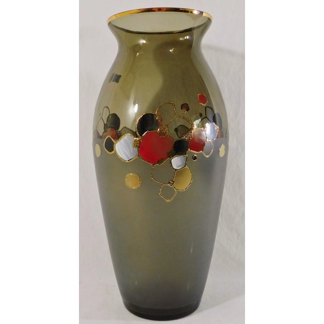 Large Mid Century 16" Egermann Czech Republic Bohemia Crystal 24k Gold Trim Vase For Sale - Image 4 of 13