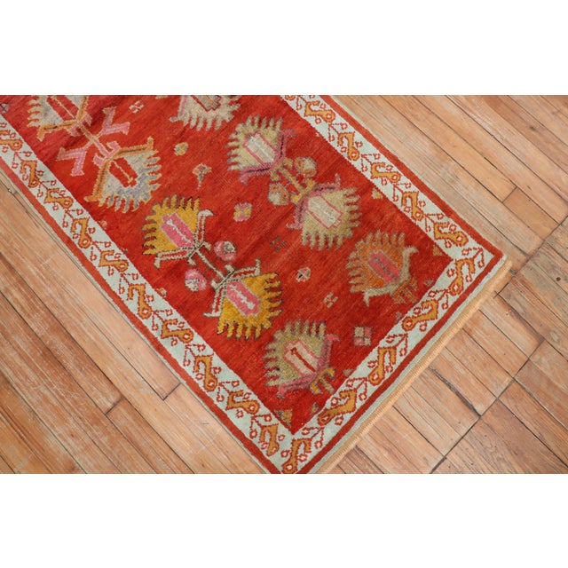 Textile Antique Bright Red Oushak Short Runner - 2'5" x 6'6" For Sale - Image 7 of 11