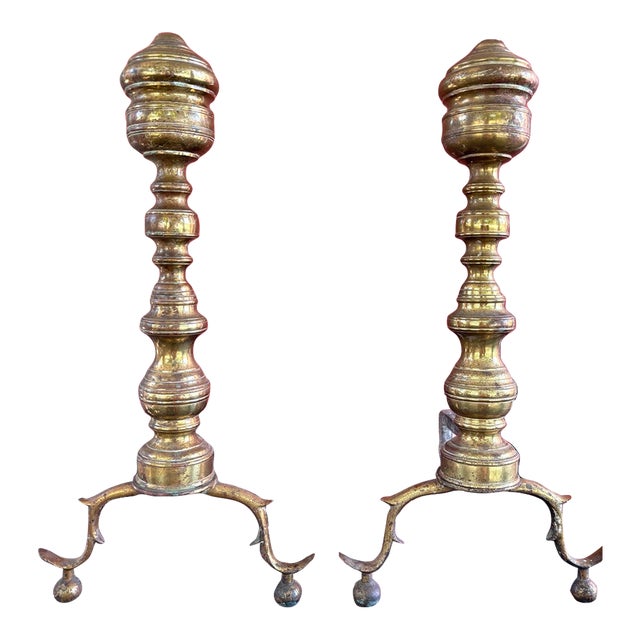 Antique Brass and Iron Fireplace Andirons - Pair For Sale
