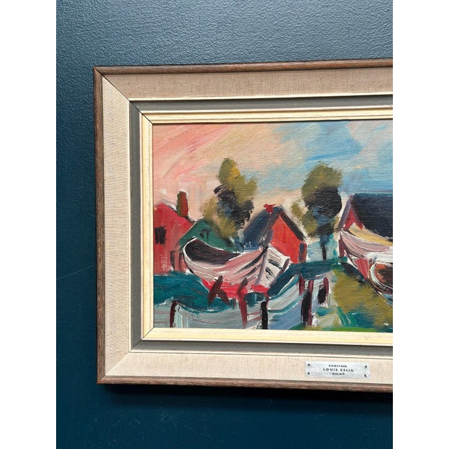 Louis Zelig, Boats in Fishing Village, 1950s, Oil on Panel, Framed For Sale - Image 7 of 18