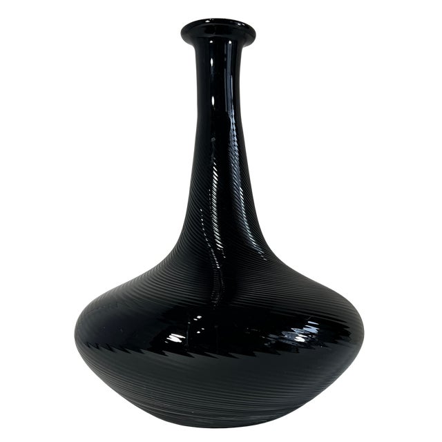 11 In. Tall Murano Art Glass Black Spiral Textural Swirl Vase For Sale - Image 13 of 13