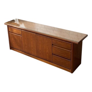 Vintage Mid-Century Modern Walnut Credenza With Glass Top For Sale
