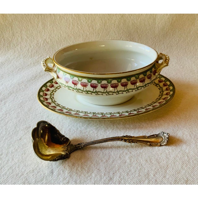 Antique Royal Worcester Victorian Porcelain Serving Set — Platters & Tureen, Pink Lotus & Gold For Sale - Image 10 of 18