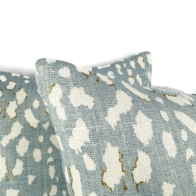 Modern Jan Showers for Kravet Lynx Dot in Ciel Pillow Cover - Square Euro Sham - Light Blue With Cream Animal Spot Linen Print Cushion Case For Sale - Image 3 of 6