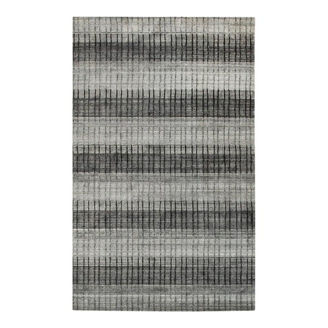 Gray Modern Striped Hand-Knotted Wool and Viscose Rug 5x8 For Sale
