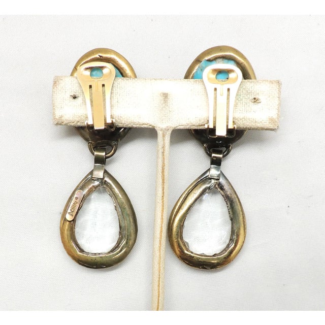 Metal Vintage Signed Pellini Italy Faux-Turquoise Clear Rhinestone Drop Clip Earrings For Sale - Image 7 of 7