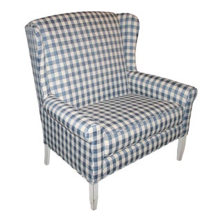 20th C Wingback Love Seat in Blue and White Check Homespun Linen For Sale