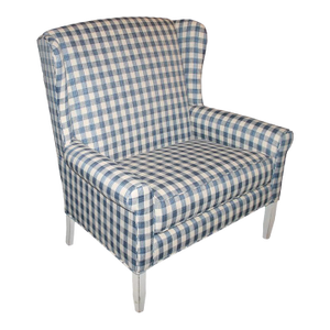 20th C Wingback Love Seat in Blue and White Check Homespun Linen