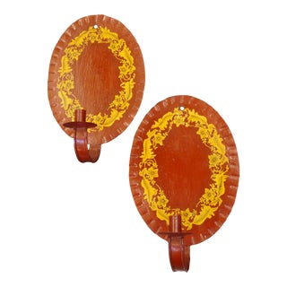 1950s Red and Gold Oval Tole Candle Sconces - a Pair For Sale