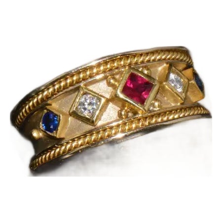 Gorgeous Natural Diamond Ruby Sapphire 18K 750 Solid Gold Byzantine Beaded Greek Ring Band, size 6.5 For Sale