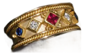 Gorgeous Natural Diamond Ruby Sapphire 18K 750 Solid Gold Byzantine Beaded Greek Ring Band, size 6.5