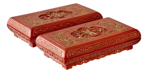 Set of Chinese Red Lacquered Wedding Presentation Boxes, Carved, Parcel Gilt, C. 1910