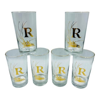 Rare Mid 20th Century Gold Leaf Monogram “R” Highball Glasses – Set of 6 For Sale