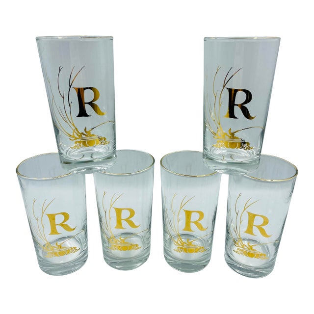 Rare Mid 20th Century Gold Leaf Monogram “R” Highball Glasses – Set of 6 For Sale