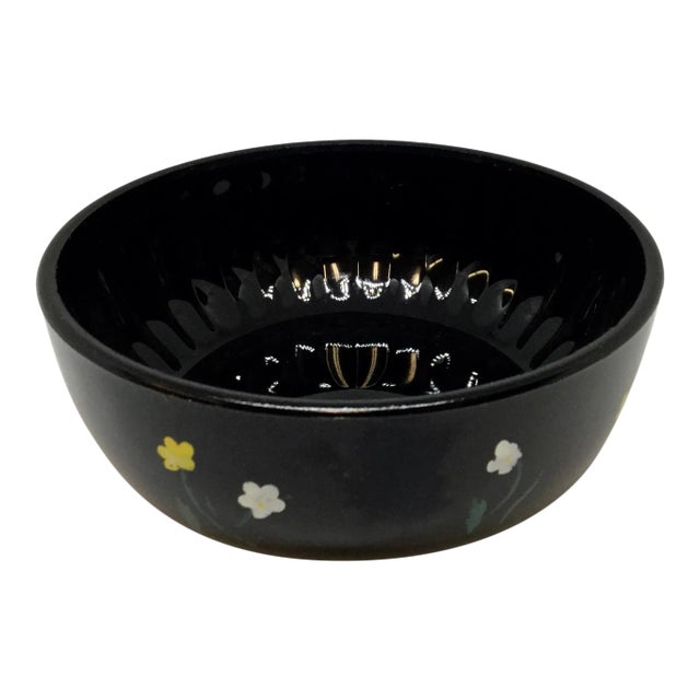 Vintage 1950s Black Glass Hand Painted Trinket Dish For Sale
