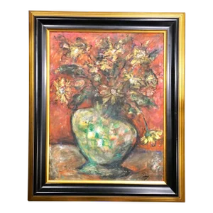 1990s Expressionist Floral Still Life Lacquer Painting, Framed