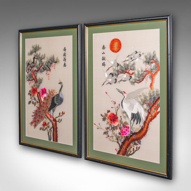 Chinese Tall Pair of Vintage Bird Embroideries, Oriental, Framed, Wildlife Art, c.1980 For Sale - Image 3 of 12