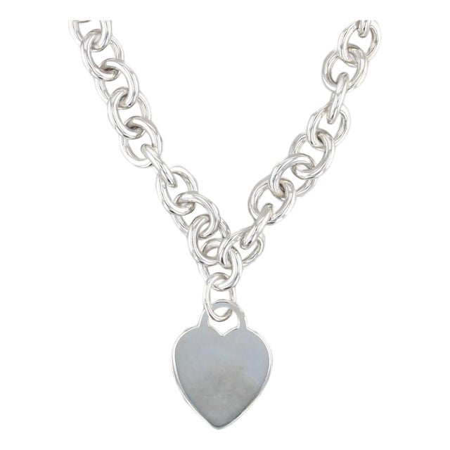 1990s Engravable Tiffany Id Heart Tag Necklace Sterling Silver 16" Cable Chain For Sale