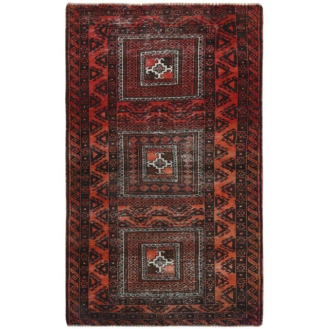 Red 1960s Sunset Colors Vintage Persian Baluch With Geometric Medallions Hand Knotted Wool Rug For Sale - Image 8 of 8