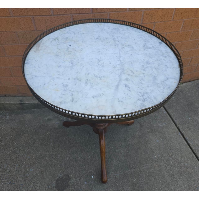 White Mid-Century French Mahogany Marble Top Galleried Gueridon Table For Sale - Image 8 of 10