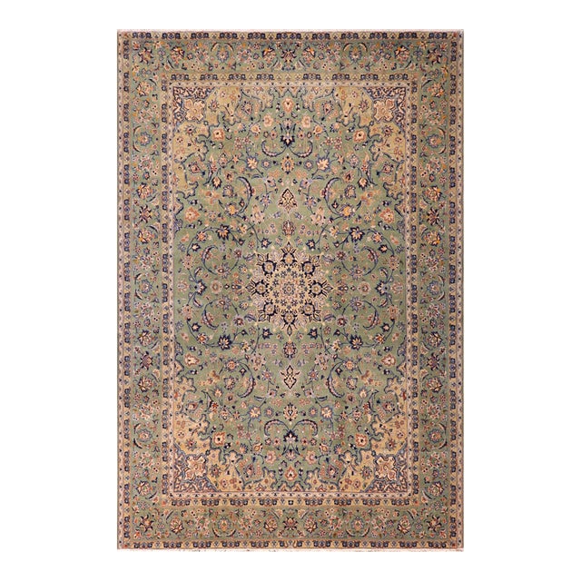 Boho Chic Persian Kashan Green/Blue Wool Rug - 10'0'' X 13'5'' For Sale
