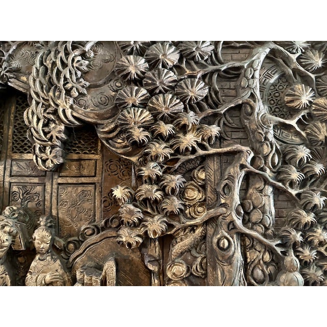 Brown Vintage Large Asian Hand-Carved Wooden Wall Hanging With Gold Relief For Sale - Image 8 of 12