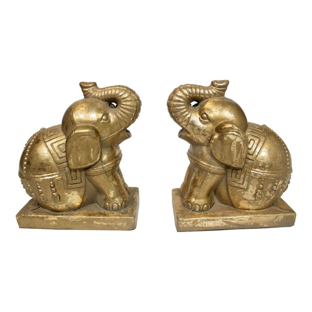 Vintage Boho Chic Golden Gilt Metal Elephant Bookends For Sale