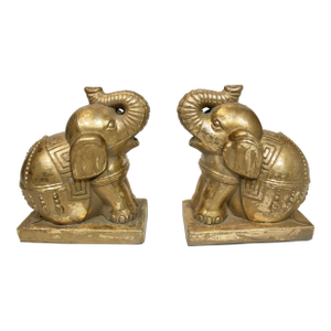 Vintage Boho Chic Golden Gilt Metal Elephant Bookends