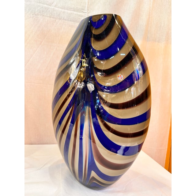 Murano Artistic Italian Vase in Beige Hand-Made Murano Glass With Blue and Brown Reeds For Sale - Image 4 of 6