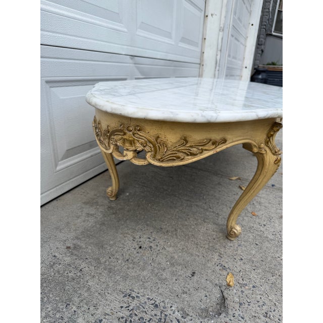 Vintage French Louis XV Style Marble-Top Coffee Table With Carved Floral Apron and Cabriole Legs For Sale - Image 4 of 12